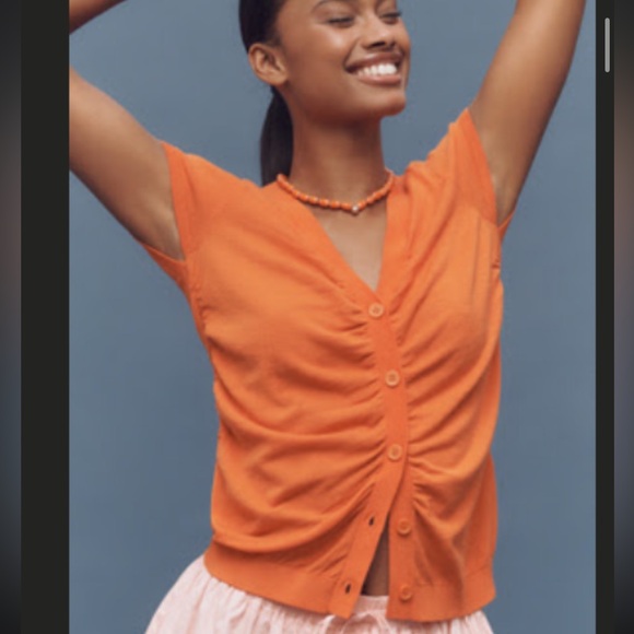 NWT ✨ BY ANTHROPOLOGIE CARDIGAN RUCHED SHORT-SLEEVE V-NECK SWEATER - Picture 3 of 11
